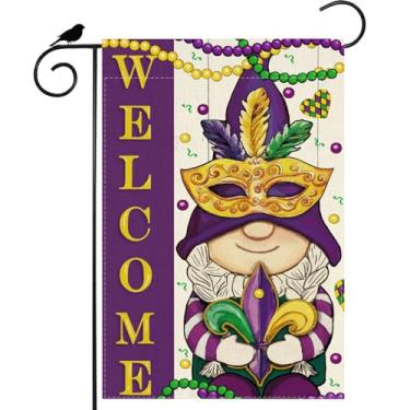 Imagem de ZAEW Máscara de boas-vindas contas de gnomo flor de lis, bandeira de jardim de carnaval 30,5 x 45,7 cm dupla face pequena mini bandeira de quintal exterior decoração de festa de férias