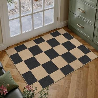 Imagem de PureCozy Tapete quadriculado de juta 2x3 pequeno tapete de entrada antiderrapante tapete de porta da frente da cozinha, tapete de área de tabuleiro de xadrez preto neutro para casa de fazenda tapete