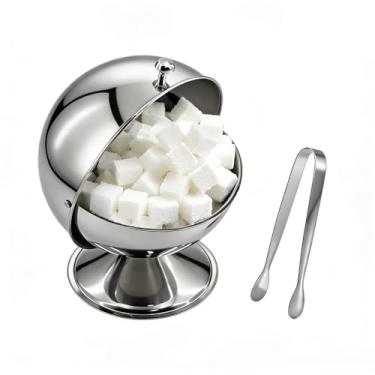 Imagem de JBESUHI Açucareiro de aço inoxidável com tampa superior de rolo e pinça de açúcar de 10 cm - jarra esférica de doces, suporte de biscoitos/balas para cozinha doméstica, escritório e festas
