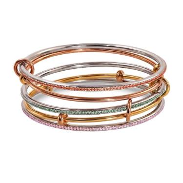 Imagem de Musishiyu Pulseiras de ouro para mulheres, conjunto de pulseiras de aço inoxidável tricolor, pulseiras de tênis de zircônia cúbica de ouro rosa prata, punho empilhável de 3 a 5 camadas, presente de