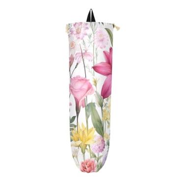 Imagem de Suporte grande para sacolas plásticas de mercearia e flores em aquarela e primavera, suporte de saco de plástico para cozinha