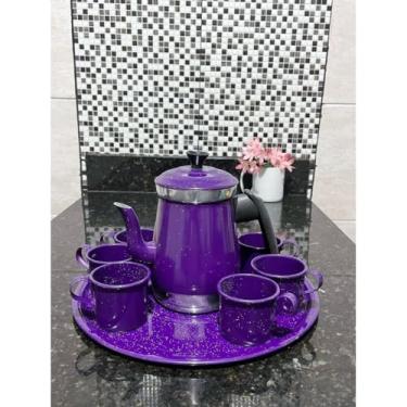 Imagem de Kit jogo de bule com 6 xícaras e bandeja café chá alumínio retro prêmio(Roxo)