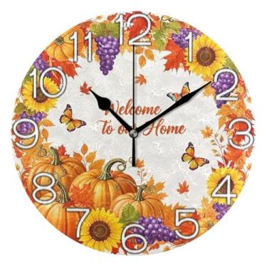 Imagem de GAIGEO Relógio de parede analógico decorativo operado por bateria relógio de cozinha fofo, decoração de parede vintage, sala de estar, abóboras de outono, ação de graças, 25 cm, ponteiros pretos