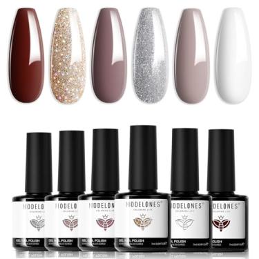 Imagem de modelones Conjunto de esmalte de gel 6 cores outono inverno branco nude marrom esmalte de gel marrom bordô vermelho champanhe dourado prata bronze kit de design básico para salão de manicure de