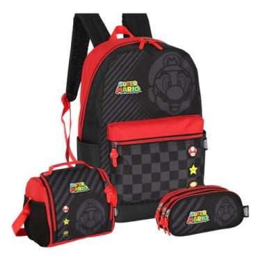 Imagem de Kit Mochila Super Mario Costas Estojo Triplo Com Lancheira, Vermelho