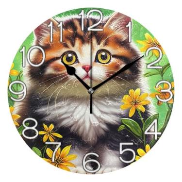 Imagem de GAIGEO Relógio de parede analógico decorativo operado por bateria relógio de escritório cozinha, sala de estar decoração de parede moderna gato fofo gatinho colorido, 25 cm, ponteiros pretos