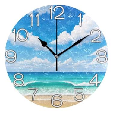 Imagem de GAIGEO Relógio de parede analógico decorativo estético silencioso sem tique-taque relógio de cozinha fofo, arte de parede moderna legal decoração de casa cena de praia azul celeste, 25 cm, ponteiros