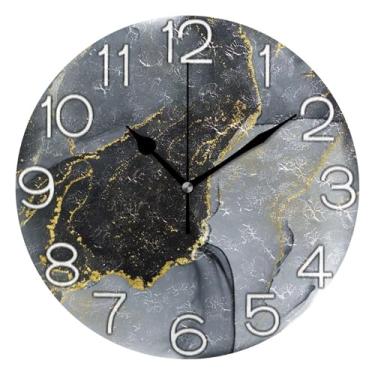 Imagem de Relógio de parede analógico decorativo redondo sem tique-taque silencioso relógio de cozinha de escritório, arte de decoração moderna de meados do século, impressão preta cinza dourado, 25 cm