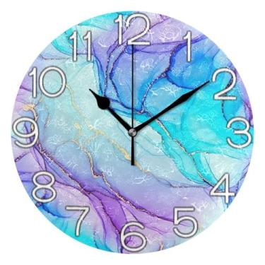 Imagem de GAIGEO Relógio de parede decorativo analógico operado por bateria relógio de sala de aula, arte de parede boho decoração de casa redemoinhos em aquarela azul roxo, 25 cm, ponteiros pretos