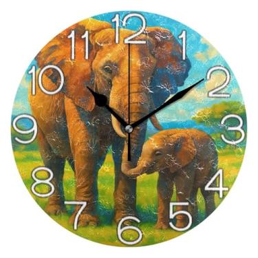 Imagem de GAIGEO Relógio de parede analógico decorativo redondo sem tique-taque silencioso quarto relógio de cozinha, decoração de parede de sala de estar moderna, elefantes vintage, pastagem verde, 25 cm