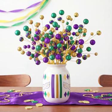 Imagem de Youyole 10 palitos de bola de glitter de carnaval de 38 cm roxo verde dourado carnaval floral decoração de topo de árvore de carnaval artificial para festa de baile de máscaras