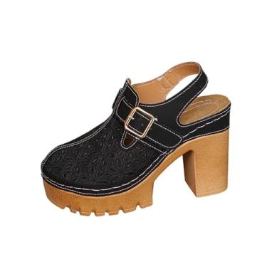 Imagem de Sandálias femininas primavera verão bico fechado salto alto PU plataforma casual confortável, Preto, 39