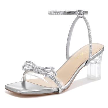 Imagem de Athlefit Sandálias femininas de salto com laço de strass transparente, bico quadrado, salto bloco, fivela e salto para festa de casamento, Prata, 35