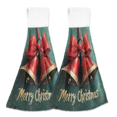 Imagem de Blueangle 2 peças de toalhas de gravata penduradas com sinos de Natal toalha de mão de cozinha absorvente de veludo coral macio pano de pano para cozinha e banheiro (680)