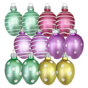 Imagem de 12 peças de enfeites de ovo soprado à mão para decoração de ovos de vidro colorido pendurado para decoração de ovos de árvore de Natal para decoração de festa de casamento em casa (pastel)