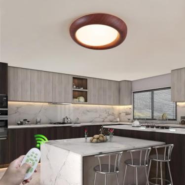 Imagem de Luminária de teto moderna de madeira com LED e controle remoto para sala de jantar, 48W, redonda e dimerizável, Ø60cm, com luz noturna e função timer (Walnu).