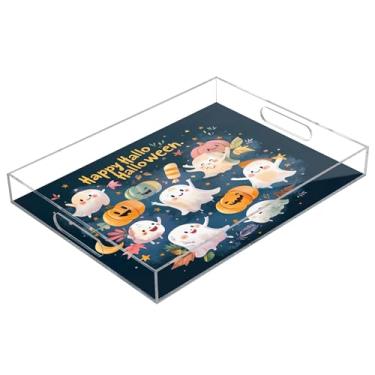 Imagem de xigua Bandeja de servir de acrílico fantasma de Halloween com alças à prova de derramamento, bandejas decorativas de festa de Halloween, bandeja organizadora de bancada para banheiro, cozinha, 30,5 x