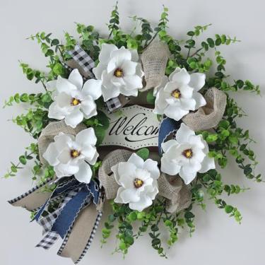 Imagem de Guirlanda artificial de magnólia e eucalipto para porta da frente ao ar livre – Flor branca falsa de 61 cm com placa de abençoada, guirlanda de vegetação o ano todo para decoração de casa de entrada