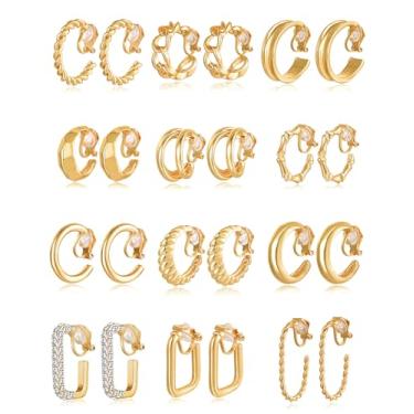 Imagem de Tornito 12 pares de brincos de argola com clipe para mulheres, geométricos, redondos, torcidos, sem piercing, brincos falsos, dourados, prateados, Zircônia cúbica, Zircônia cúbica