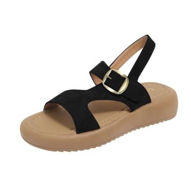 Imagem de Sandálias casuais femininas com fivela de uma linha bico redondo, bico aberto, sola plana macia design plataforma, Preto, 38