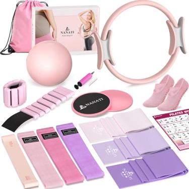 Imagem de Kit de Pilates 18 peças, kit essencial de Pilates para mulheres, equipamento de Pilates com anel e bola de Pilates de 36,8 cm, 7 faixas de resistência, pesos no tornozelo, sliders e meias de aderência