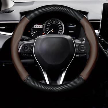 Imagem de Capa de volante 38 cm para Toyota Corolla Camry 4Runner Highlander RAV4 Avalon e mais - couro napa com textura de fibra de carbono esportiva - preto, marrom, vermelho (marrom)