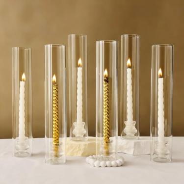Imagem de Conjunto de 6 castiçais de vidro Hurricane com castiçais cônicos transparentes Base-OWLREX 35,5 cm de altura Castiçais cônicos de vidro transparente à prova de vento para mesa de casamento, decoração