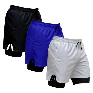 Imagem de Kit 3 Shorts Masculinos Esportivos 2 em 1 com Faixa Lateral e Ajuste Confortável-Masculino