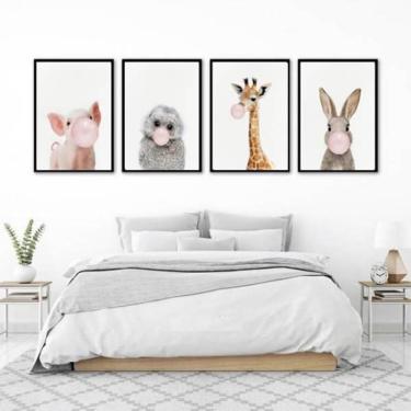 Imagem de Kit 4 Quadros Bichinhos Chicletes 45X34Cm Com Vidro Preta