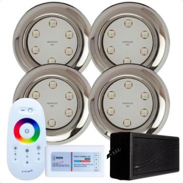 Imagem de Kit 4 Refletores Led 9w RGB Inox S e Comando para Iluminação Piscina -