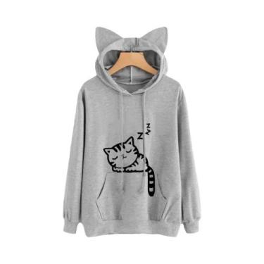 Imagem de Moletom Feminino De Manga Longa Com Capuz, Estampa De Gato Fofo, Bolso