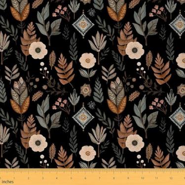 Imagem de Feelyou Groovy Floral Fabric by The Yard Botanical Floral Impresso Tecido de Estofamento para Costura, Artesanato, Flores Padrão Impermeável, Interior e Exterior, Tema Natural, 1 Quintal, Marrom