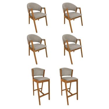 Imagem de Kit 4 Cadeiras de Jantar Helen Madeira Maciça com 2 Banquetas Ana Premium Linho - Bege