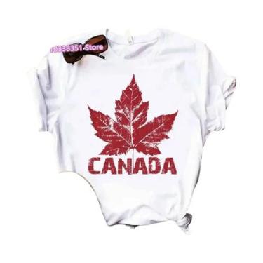 Imagem de Camiseta Feminina Solta Com Estampa De Bandeira De Folha De Ácer, Mang