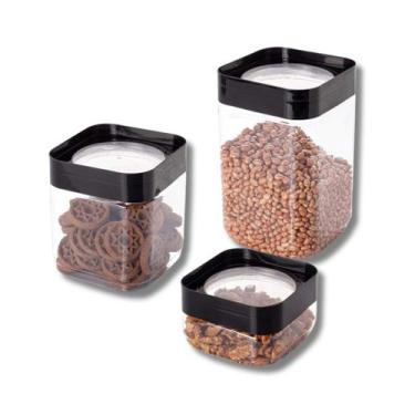 Imagem de Kit 3 Potes Plug Quadrado Plasútil 2L ,1,28L e 510ml Tampa Preta 13941