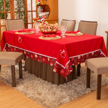 Imagem de Toalha De Mesa 6 Lugares Retangular Avulsa Bordada Natalina Boneco De Neve Vermelho 2,20m X 1,50m