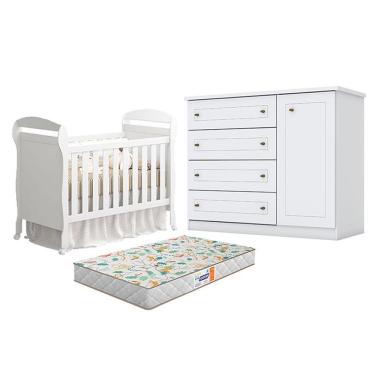 Imagem de Berço Americano Danny Branco Acetinado Reller E Cômoda Infantil Americano Branco Hp E Colchão Gazin - Henn.