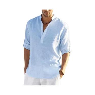 Imagem de Camisa Masculina Casual De Algodão E Linho De Manga Longa Com Gola Alt