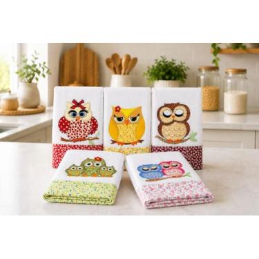 Imagem de Kit Pano de Prato em Patchwork com 5 pçs - Corujas - Arte & Tear