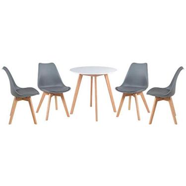 Imagem de Loft7, Kit Mesa redonda Leda 70 cm branco + 4 cadeiras estofadas Leda cinza escuro