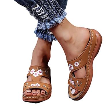 Imagem de KinAndKen Sandálias femininas ortopédicas bordadas, sandálias anabela, plataforma, de couro, flor, vintage, casual, palmilha macia, sandália ortopédica, suporte de arco para chinelos de verão e praia