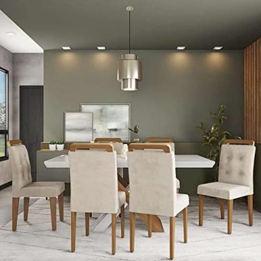 Imagem de Conjunto de Mesa de Jantar com Vidro e 6 Cadeiras Alcantara Veludo Creme e Off White