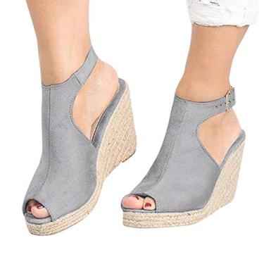 Imagem de Sandálias femininas confortáveis moda sólida sapatos anabela sandálias casuais femininas fivela de alça feminina romana, Cinza, 10