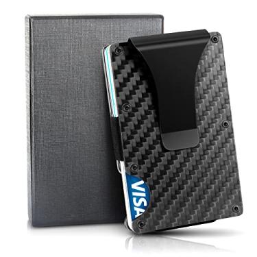 Imagem de Carteira de porta-cartão clipe para dinheiro: carteira fina minimalista para homens com bloqueio de RFID carteira de fibra de carbono carteiras de metal de alumínio compactas resistentes para dinheiro cartão de crédito com caixa de presente, Carbono preto, Small, Minimalista