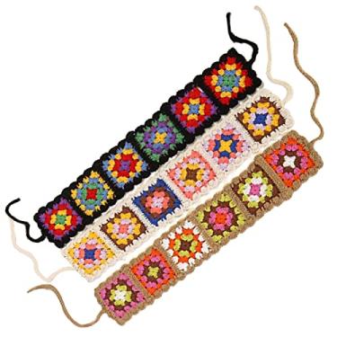 Imagem de QTMY 3 peças de faixas de cabelo hippie de crochê para mulheres, faixas de cabelo boho bandanas florais envoltório de cabeça de malha para meninas