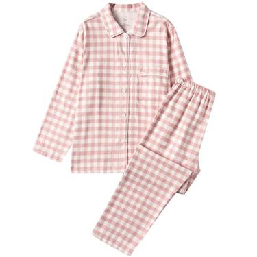 Imagem de Conjunto de pijama Loungewear pijamas algodão ultramacio conjunto de calças de pijama feminino camisola grade listrado confortável duas peças, rosa 2, GG (175 cm/70 kg)