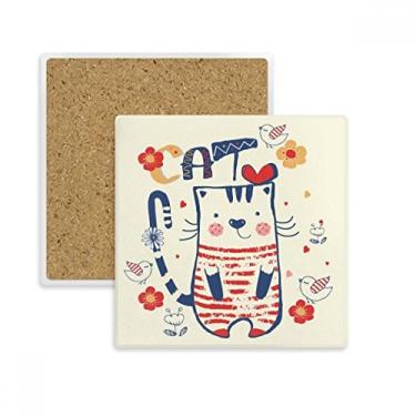 Imagem de Porta-copos quadrado com desenho de flor de gato fofo e desenho de pássaro para caneca subplaca suporte de pedra isolante