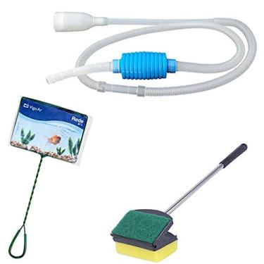 Imagem de Kit de limpeza de aquário: Limpador de vidro Espuma esponja e raspador 50cm + Peneira/Rede n6+ Sifão limpador de aquário com bomba manual Vigoar
