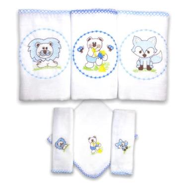 Imagem de Kit 6 Fraldas De Pano para Bebê Bordada (3 de Ombro + 3 De Boca) (Bichinhos Azul (Raposa, Leão e Ursinho))