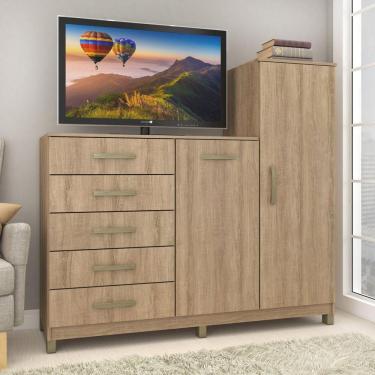 Imagem de Cômoda 2 Portas 5 Gavetas com Cabideiro e Pés Chicago Mel